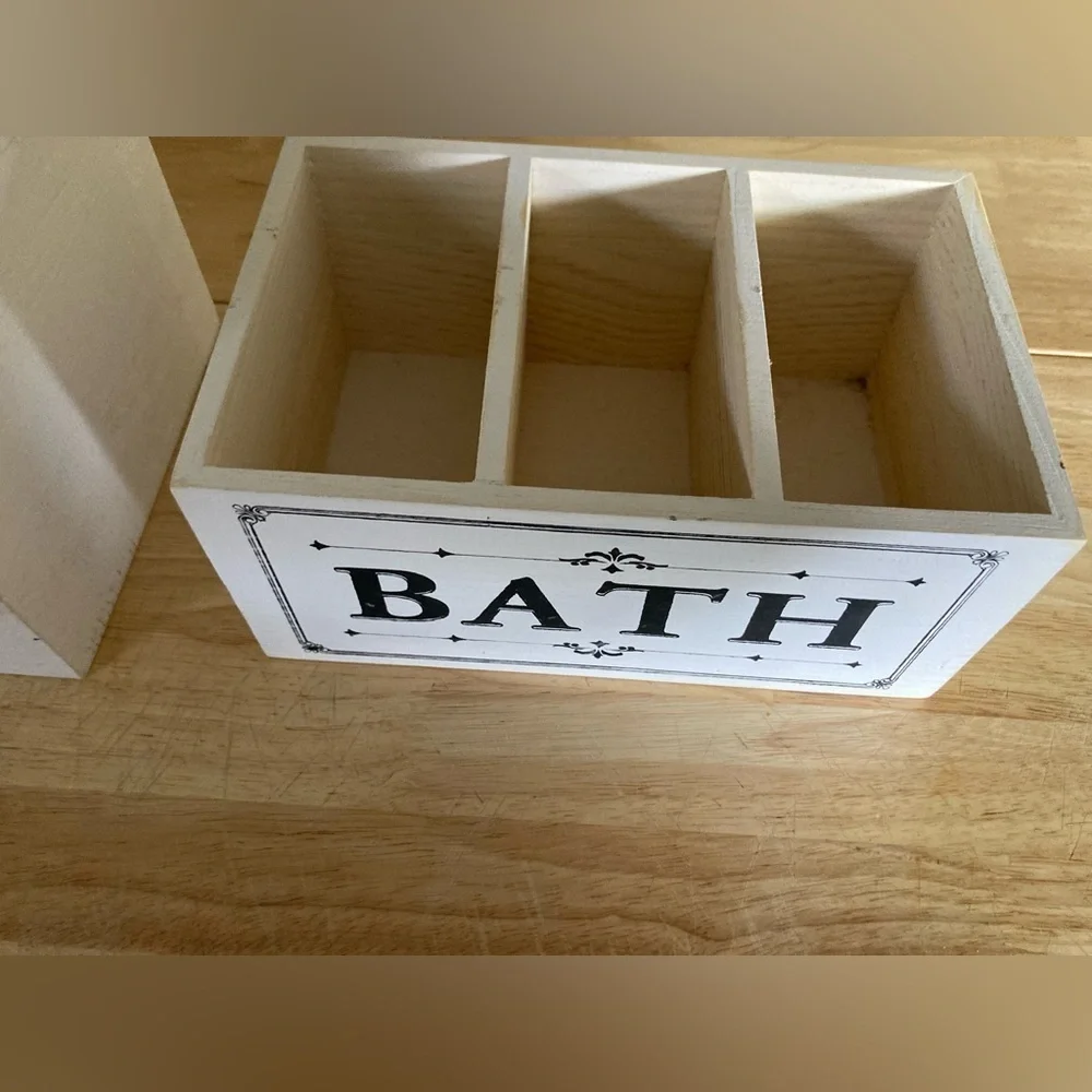 NWOT Bathroom organizers. Set includes container w/lid & one with three slots